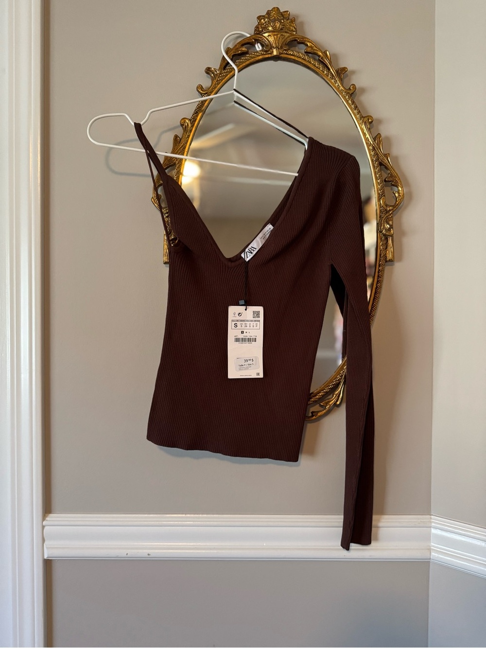 ZARA Chocolate Brown Asymmetric One-Shoulder Ribbed Long-Sleeve Top